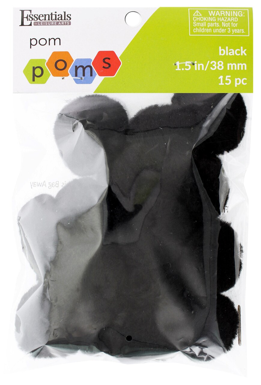 Essentials by Leisure Arts Pom Poms, Black, 1.5", 15 Pieces per Pack